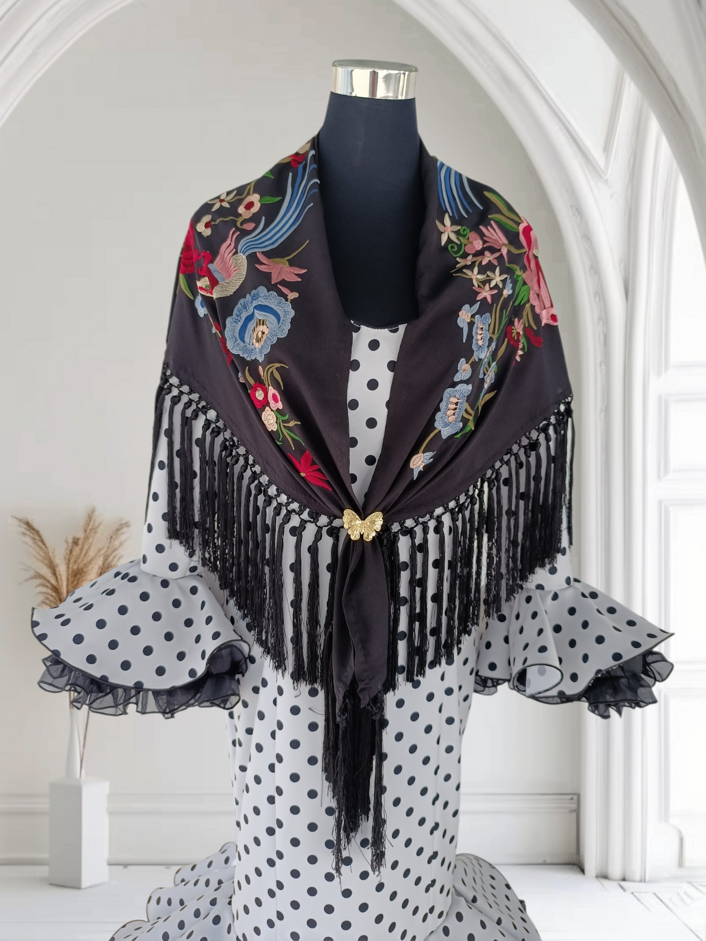 Mantón "pájaros" negro