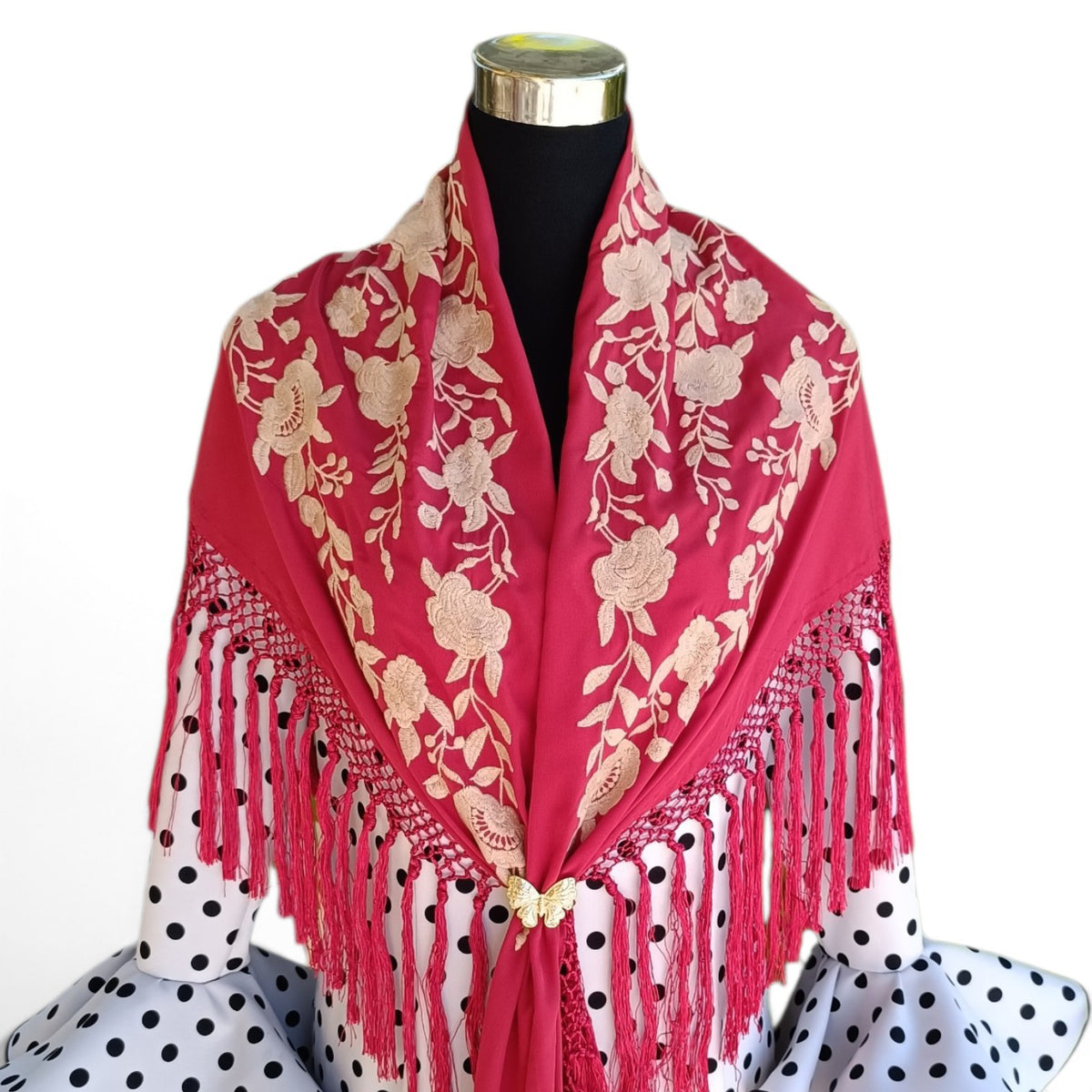 Mantón rojo oscuro bordado en beige