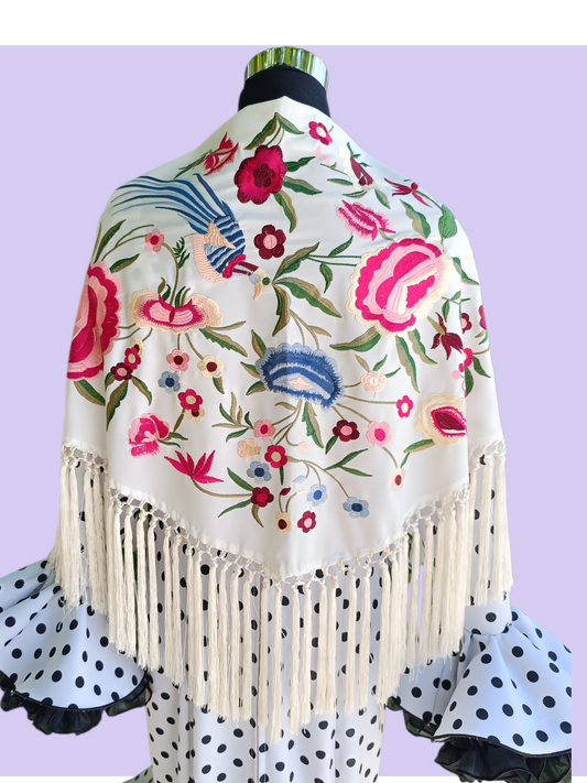 Mantón "pájaros" beige