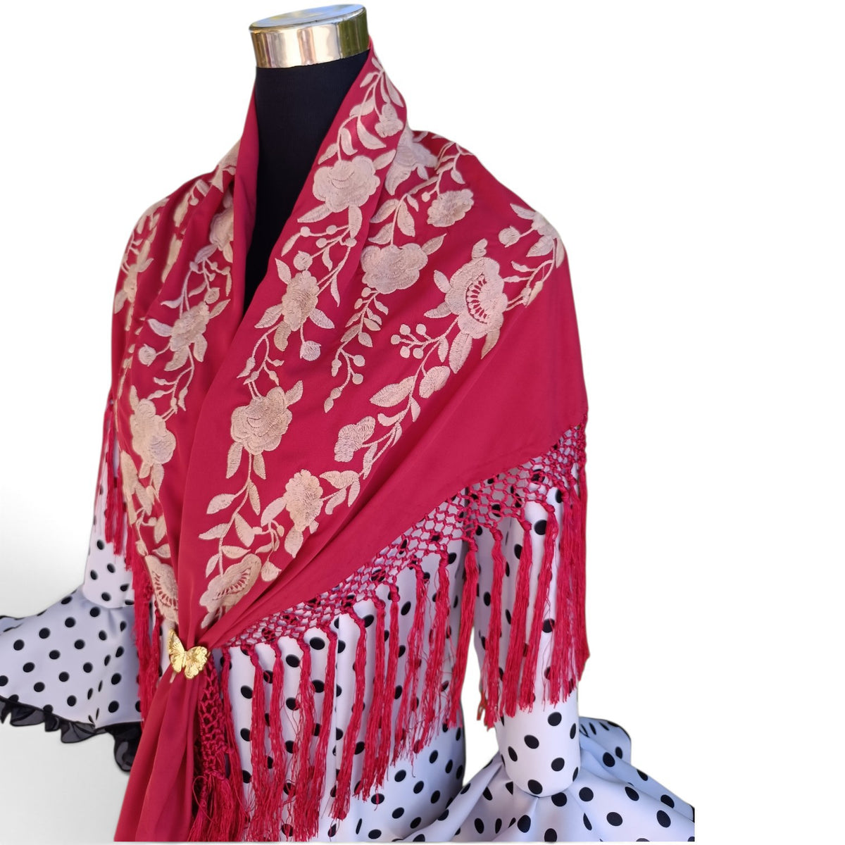 Mantón rojo oscuro bordado en beige