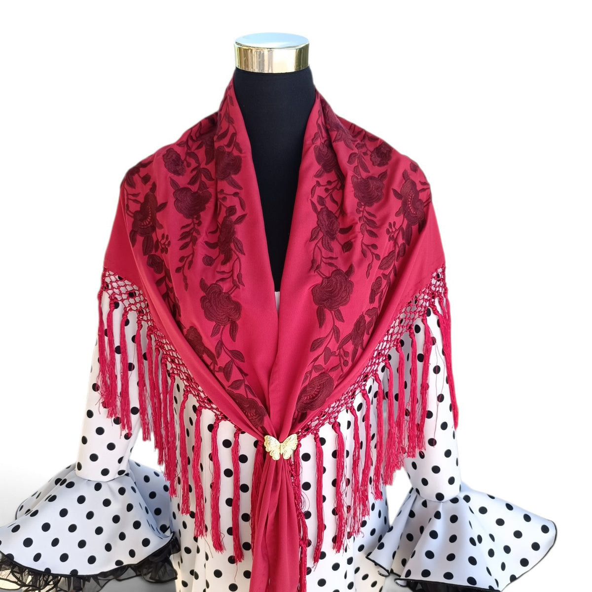 Mantón rojo oscuro bordado en granate