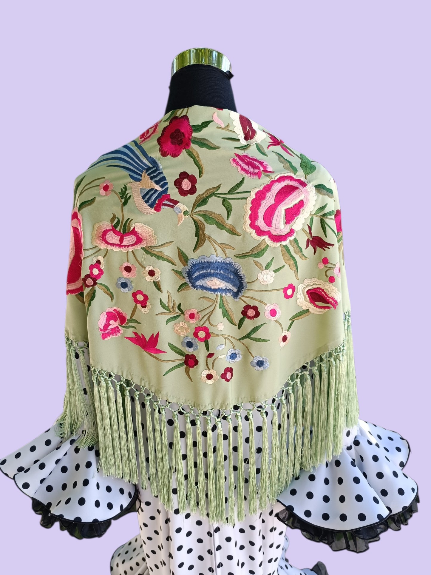 Mantón "pájaros" verde manzana