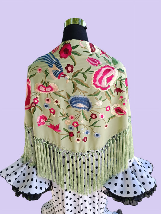 Mantón "pájaros" verde manzana